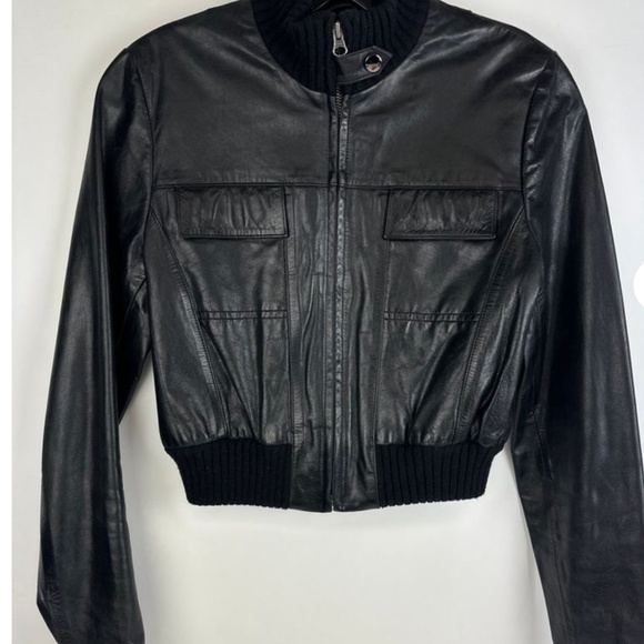 Vintage 100% Genuine Leather Black Cropped Bomber Jacket Women XS - Picture 1 of 12